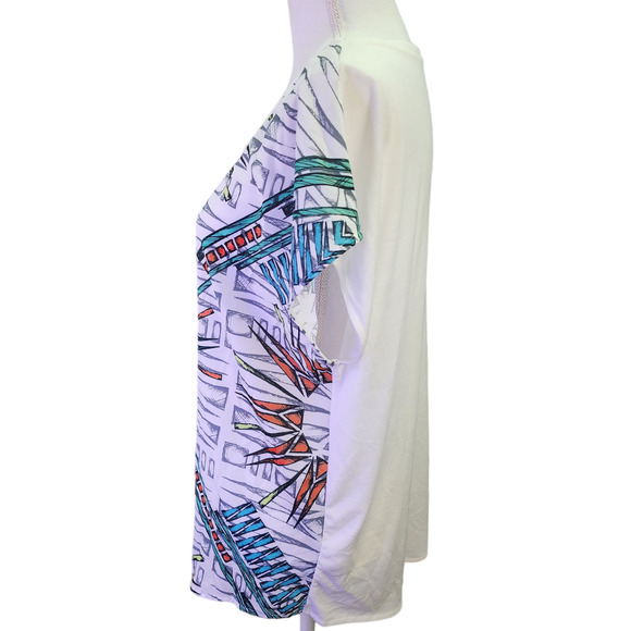 Rock & Republic Top Women Large White Aztec Print T-Shirt Silky Soft Short Sleev - Picture 5 of 13